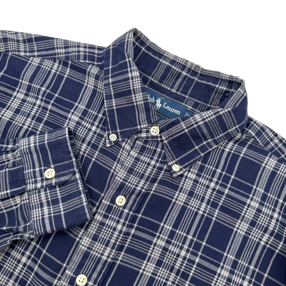 Ralph Lauren VINTAGE Blake Mens Size L Navy White Plaid Button Down Shirt
